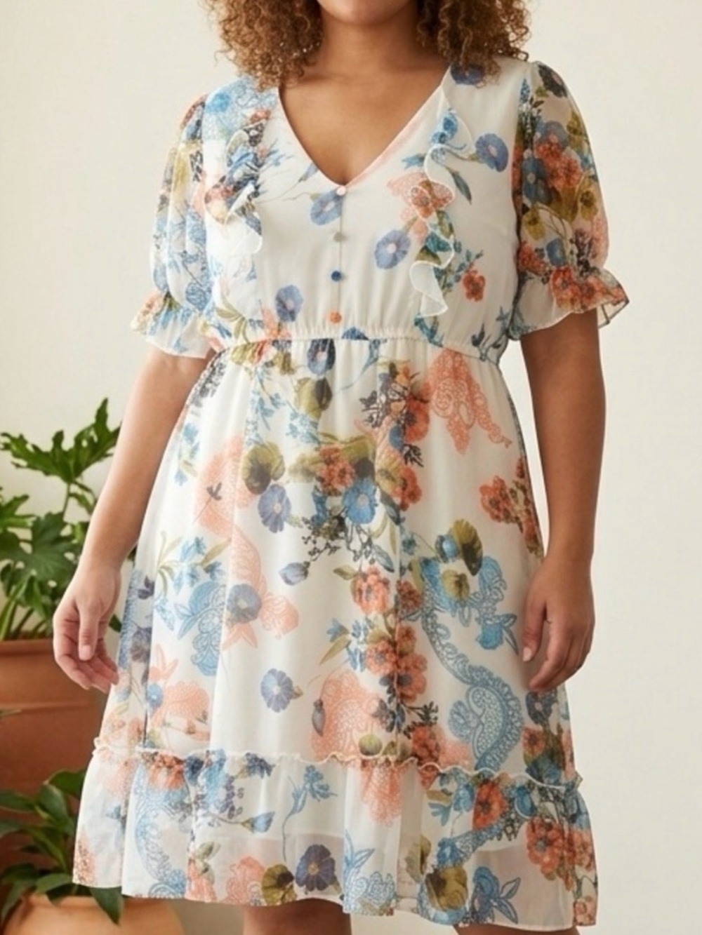 Cottagecore Boho Floral Chiffon Ruffle Dress XL V-Neck Mini Coquette Fairycore